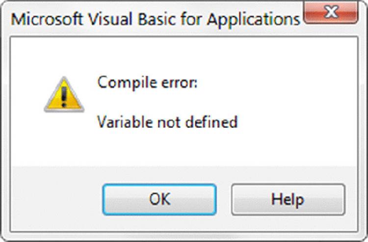 Screenshot shows a dialog box with title Microsoft visual basic for applications and message compile error: variable not defined, warning symbol, OK and help buttons.