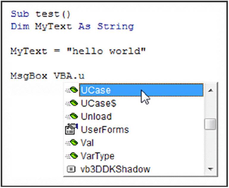 Screenshot shows a program code with hello world as MyText string, msgBox VBA.u defines functions Ucase, Ucase dollar, Unload, Val, and VarType.