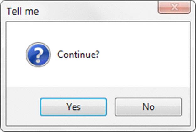 Screenshot shows a dialog box with title tell me and message continue, question symbol, yes and no buttons.
