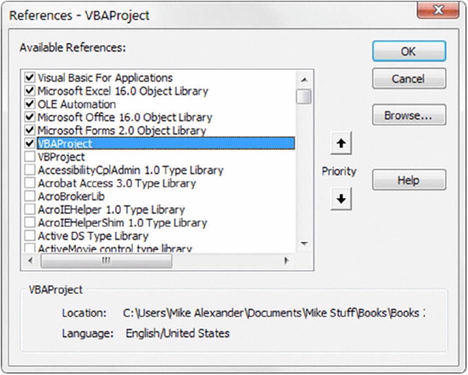 Screenshot shows the available references arranged in descending order according to priority from which VBA project is selected along with OK, cancel, help and browse buttons.