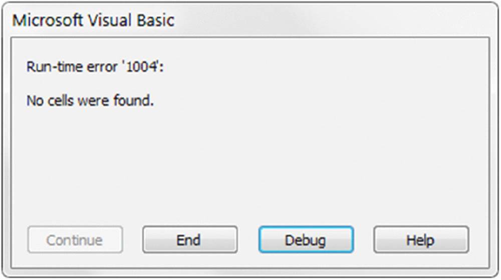 Screenshot shows a dialog box with title Microsoft visual basic, message run-time error 1004: no cells were found and active buttons for end, help and debug.