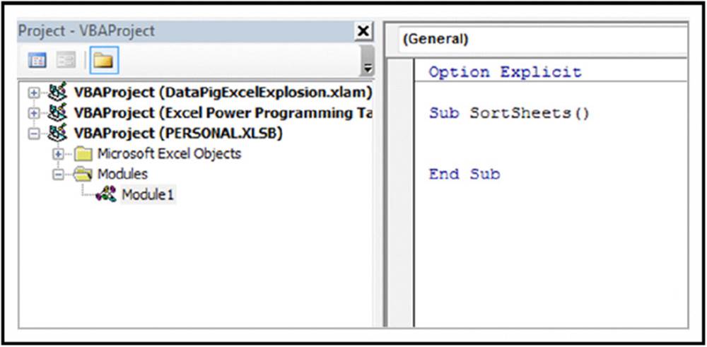 Screenshot shows module 1 is selected from Modules of VBA project on left and general window on right which has codes option explicit, sub SortSheets, End Sub.