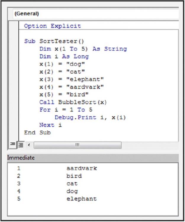 Screenshot shows general window on top which contain codes to define 5 strings; dog, cat, elephant, aardvark, and bird and bubblesort command. Immediate window on bottom shows strings sorted in alphabetic order.