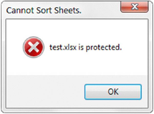 Screenshot shows a dialog box with title cannot sort sheets and message test.xlsx is protected, cross symbol, and OK button.