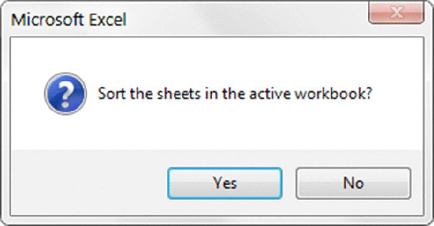 Screenshot shows a dialog box with title Microsoft excel and question to start sorting the sheets in the active workbook, question mark, yes and no buttons.