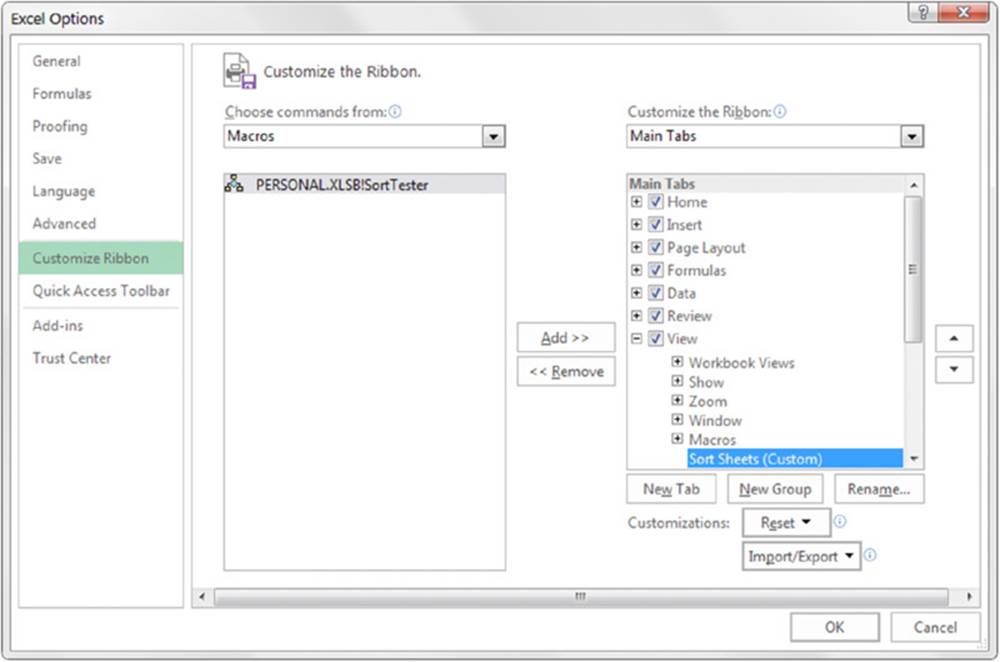 Screenshot shows a dialog box with title excel options, customize ribbon is selected from side bar menu, drop down boxes for choosing commands from macros and main tabs, import or export, reset, add and remove buttons.