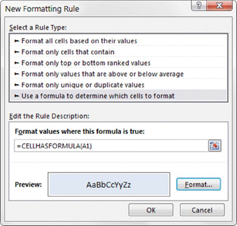 Screenshot shows a dialog box titled new formatting rule, rule type selection option which includes format cells based on their values, format cells with content et cetera and edit the rule description and preview options.