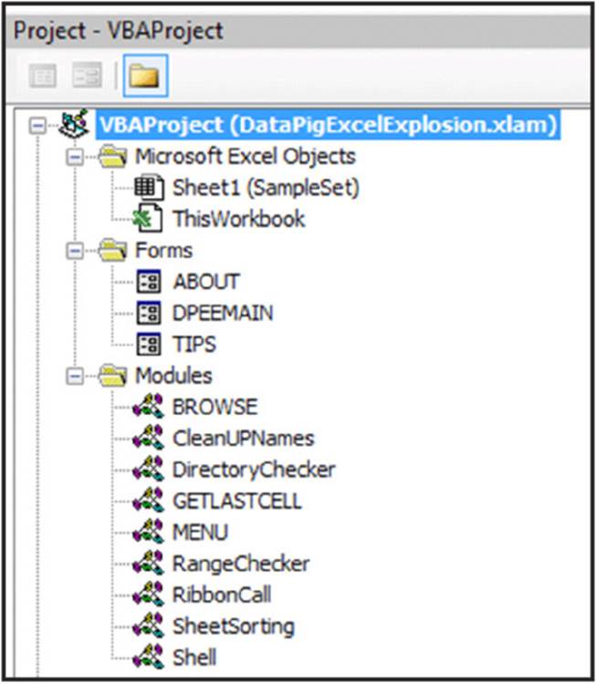 Screenshot shows the components of VBA project that include Microsoft Excel objects, forms such as about, dpeemain and tips and modules such as browse, clean up names, directory checker, menu, shell, ribbon call et cetera.