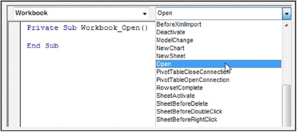 Screenshot shows VBA code to open workbook on left and drop-down box which contain all the available commands on right from which open is selected.
