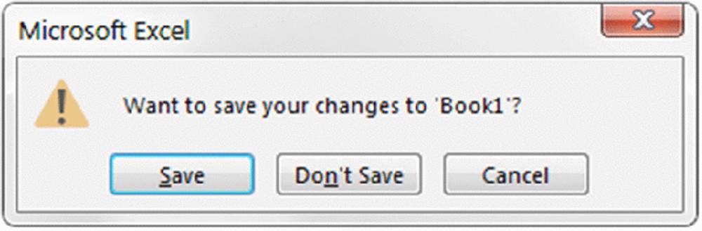 Screenshot shows Microsoft excel message box with a prompt asking whether the user want to save the changes to book1 and buttons for save, don't save, and cancel.
