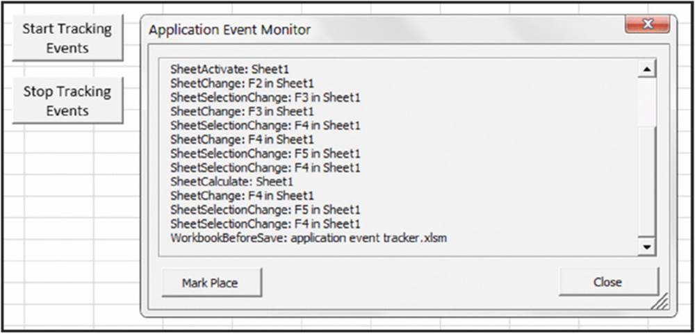 Screenshot shows spreadsheet with commands start tracking events and stop tracking events. Application event monitor dialog box shows many sheet activate and sheet selection change options and mark place button.