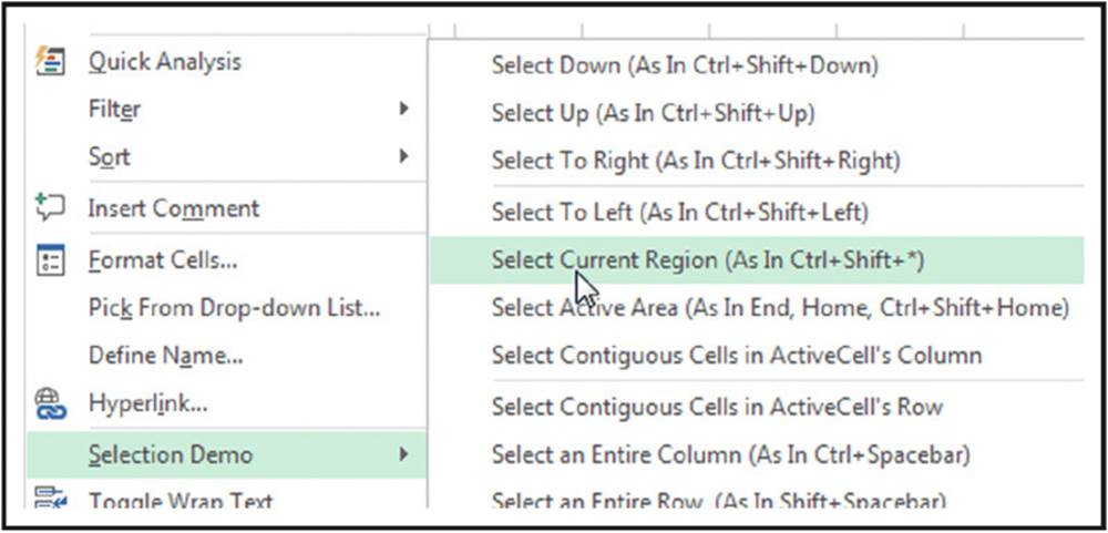 Screenshot shows a right-click menu from which select demo is chosen. It includes options to select down, up, to right, to left, current region, active area, contiguous cells, entire column, entire row ct cetera.