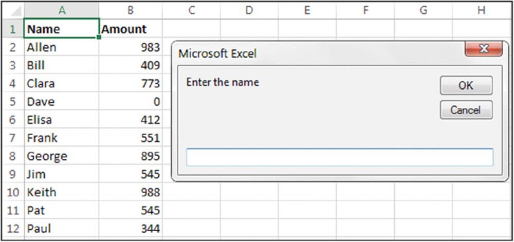 Screenshot shows a spreadsheet with user names in column A and amount in column B and a Microsoft excel dialog box which displays command enter the value, textfield to enter value, OK, and cancel buttons.