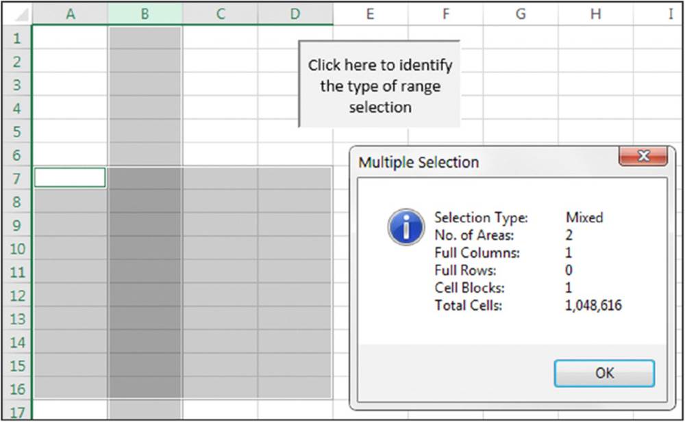 Screenshot shows a spreadsheet with a large region selected along with multiple selection dialog box that gives information on selection type, number of areas, full columns and rows, cell blocks, and total cells.