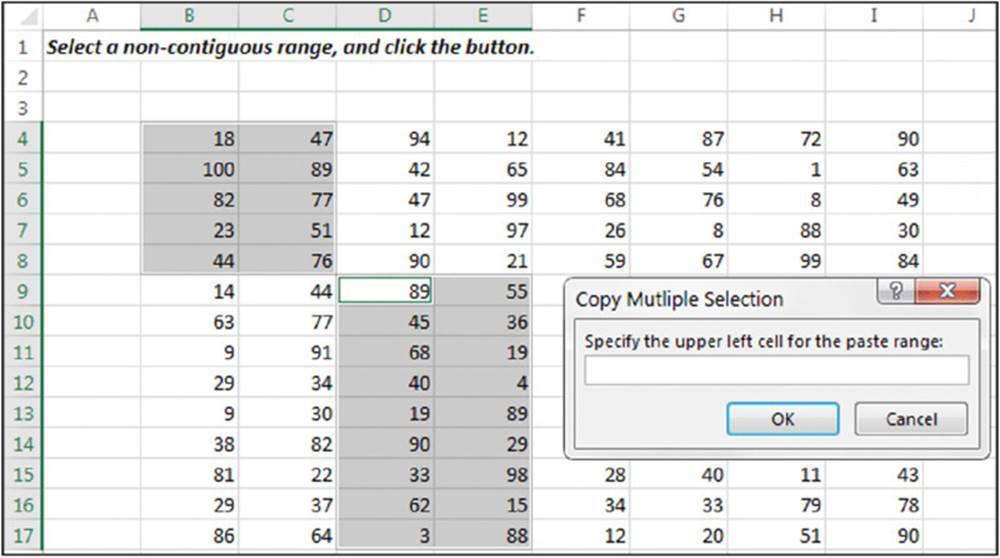 Spreadsheet shows the headline select a non-contiguous range and click the button, numbers filled in columns from B to I. Copy multiple selection message box shows the command specify the upper left cell for the paste range.