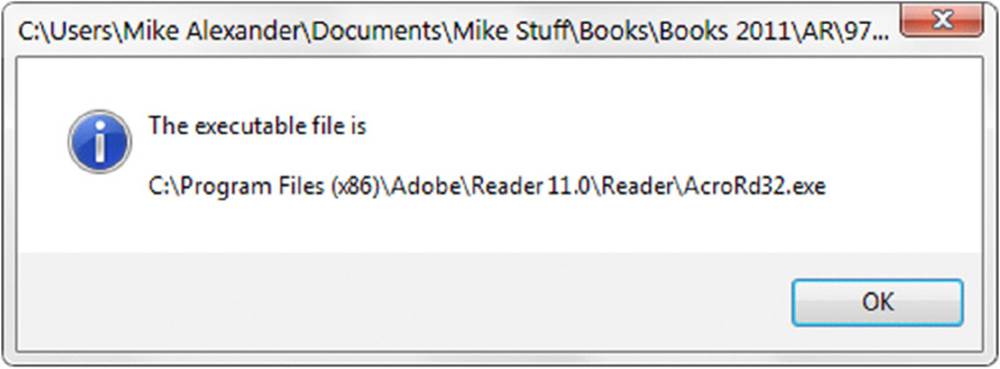 Screenshot the message box with content the executable file is C:\Program Files (x86)\Adobe\Reader11.0\Reader\AcroRd32.exe, i icon, and OK button.