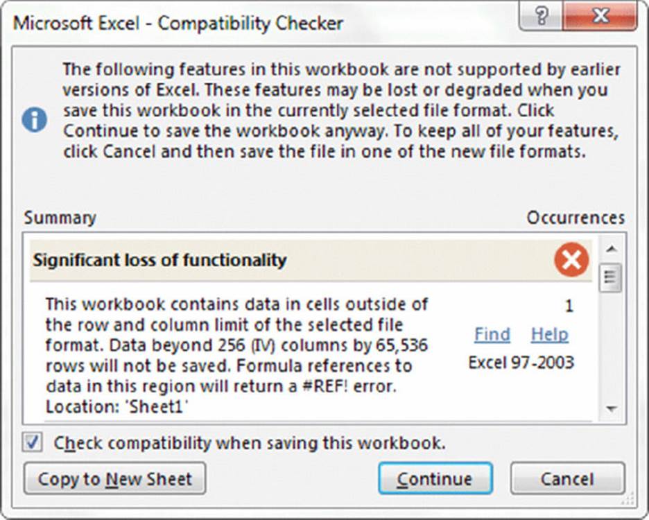 Screenshot shows a compatibility checker page with an alert indicating significant loss of functionality and checks compatibility by selecting the Continue button.
