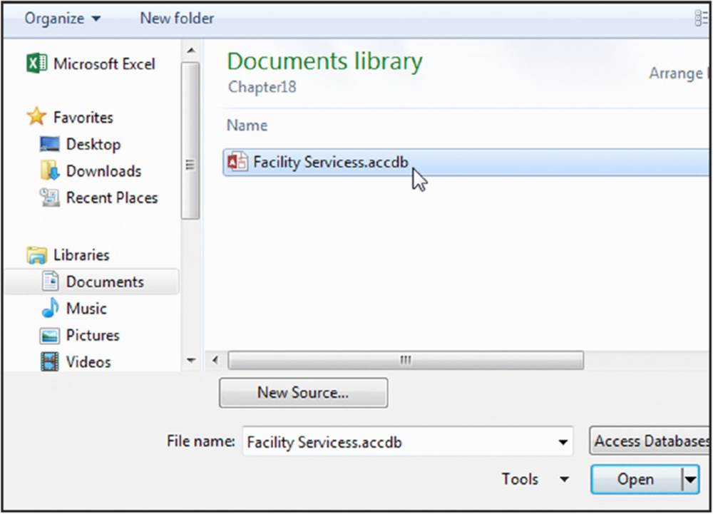 Screenshot shows Documents Library page which selects file name as Facility Services.accdb. 