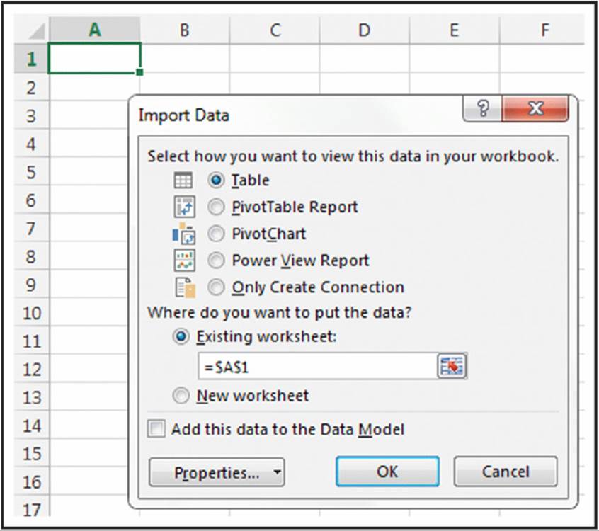 Screenshot shows Import Data page on the excel sheet which selects Table, Existing worksheet and OK button.