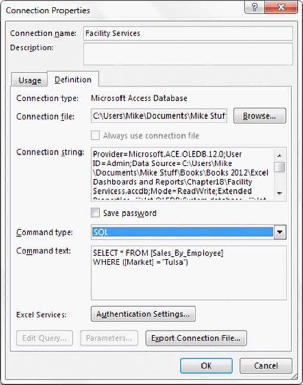 Screenshot shows Connection Properties page which selects SQL for Command type under Definition. Finally, OK button is chosen.
