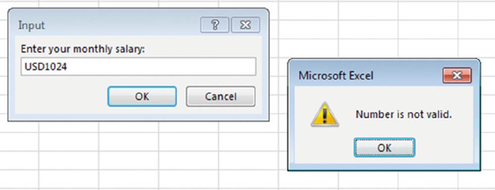 Screenshot shows an Input page entering the monthly salary and Microsoft Excel page displaying an alert for invalid number with OK buttons.