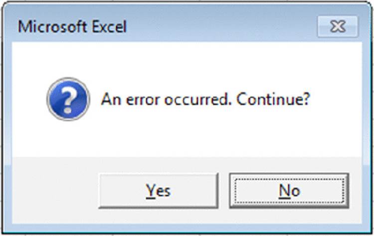 Screenshot shows Microsoft Excel page which displays an alert for error occurrence and selects No button.