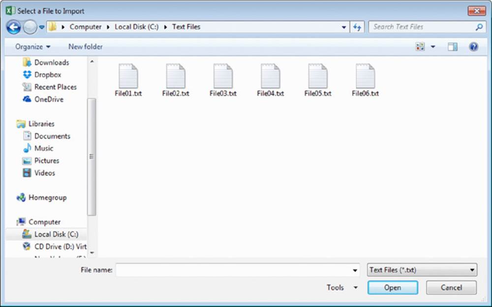 Screenshot shows Text Files 1 to 6 in the Local Disk (C:) with a File name field and an Open button.