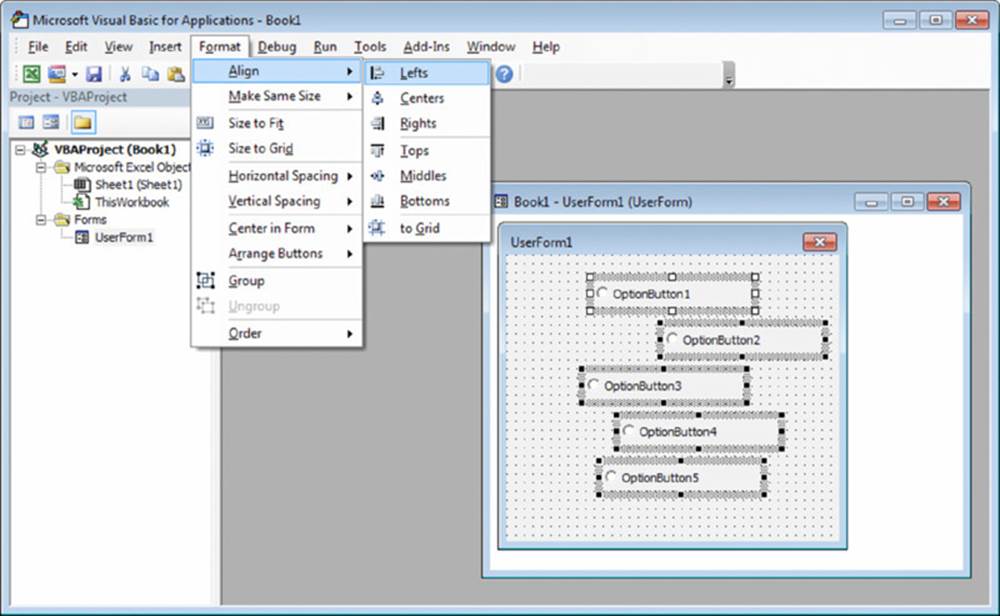 Screenshot shows a window selecting Left alignment under Format category which aligns OptionButtons 1 to 5 in UserForm1 page.