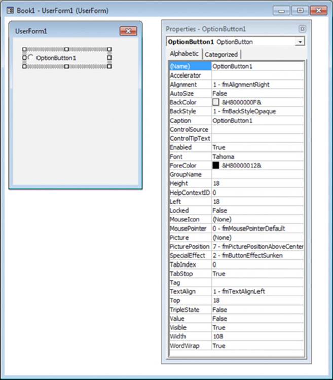Screenshot shows UserForm1 with OptionButton1 and Properties with selected Name sub windows are displayed on the UserForm1 main window.