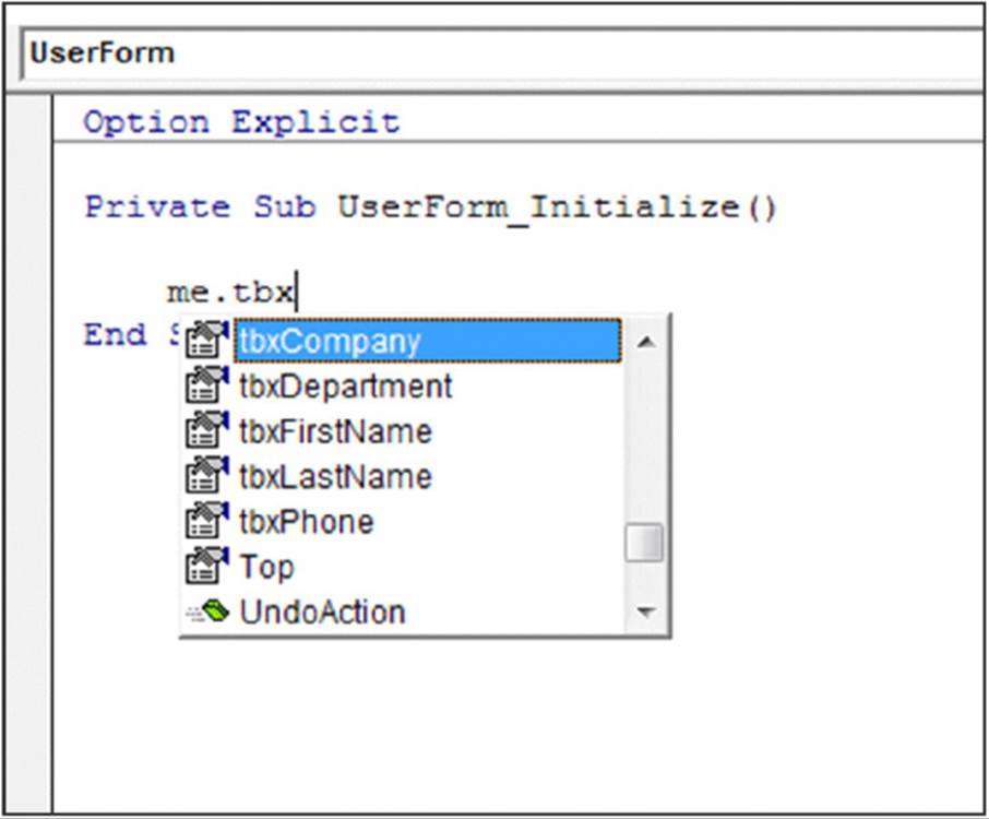Screenshot shows UserForm page and on typing me. tbx displays a window which selects tbxCompany.