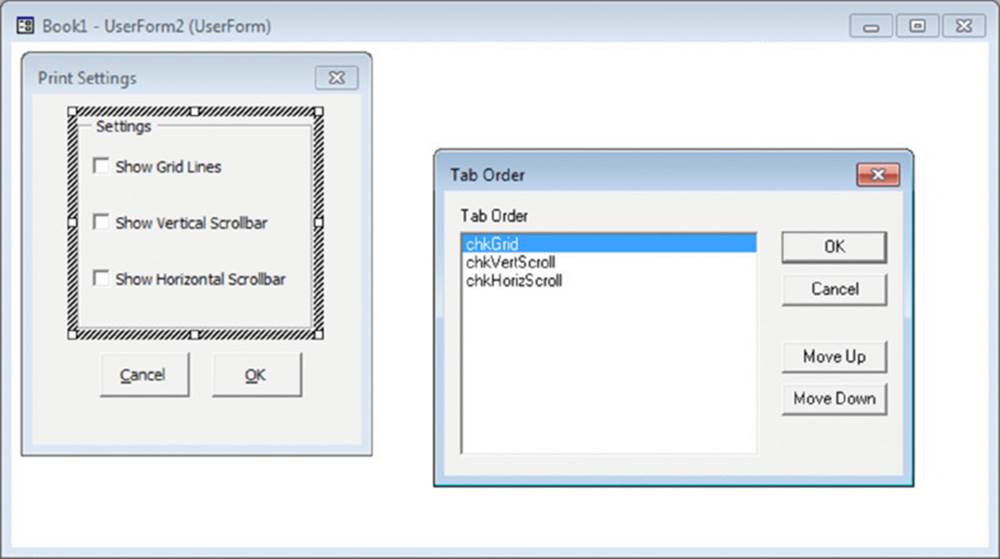 Screenshot shows Print Settings and Tab Order with selected chkGrid dialog boxes are displayed on the UserForm2 window.
