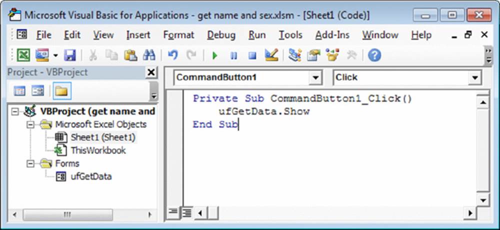 Screenshot shows get name and sex.xlsm window which displays VBProject with selected Sheet1 executing CommandButton1_Click procedure.