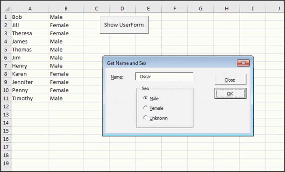 Screenshot shows 11 people categorized into male and female tabulated in an excel sheet and Get Name and Sex page is displayed with Oscar as Name and Sex selected as male. Finally, chooses OK button.