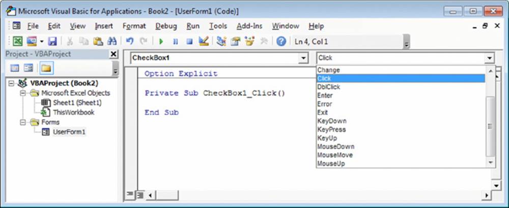 Screenshot shows Book2 window which displays VBProject with selected UserForm1 executing CheckBox1_Click procedure.