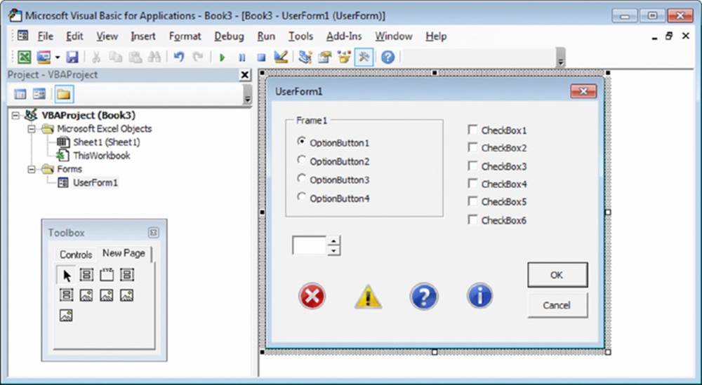 Screenshot shows Book3 window which displays Toolbox with Controls and New page, VBProject with selected UserForm1 and OptionButton1 under Frame1.