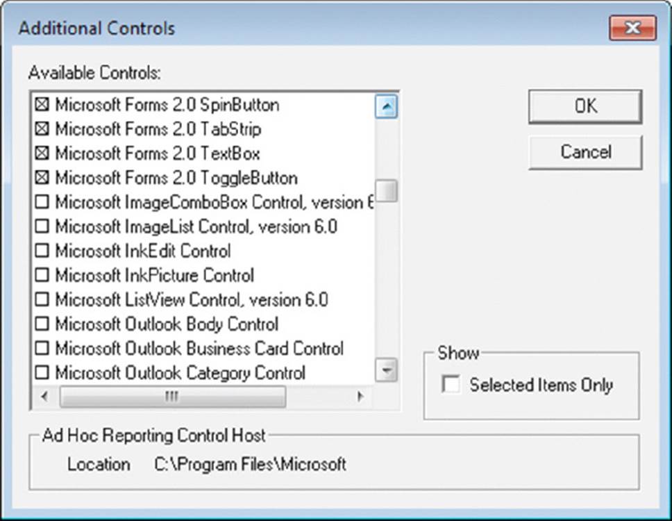 Screenshot shows Additional Controls dialog box which displays Available Controls with OK and Cancel buttons.