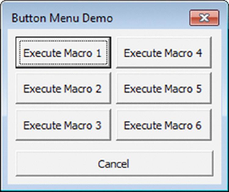 Screenshot shows Button Menu Demo dialog box which displays Execute Macros 1 to 6 and selects Execute Macro 1. Bottom page indicates a Cancel button.