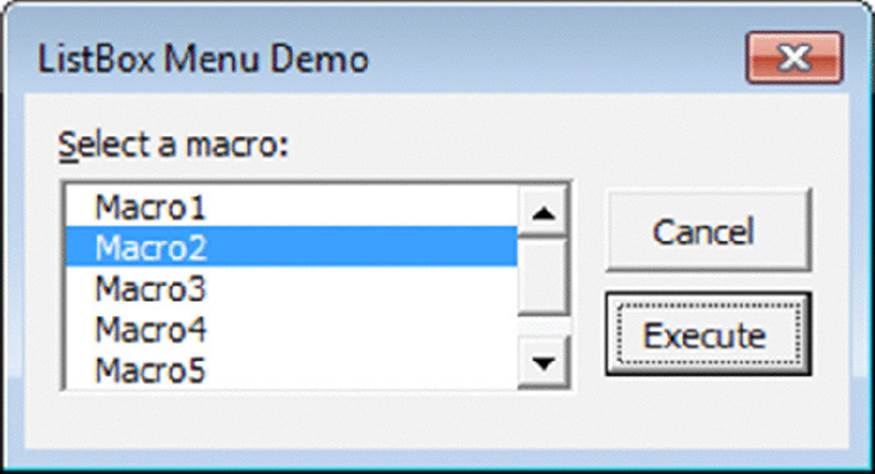 Screenshot shows ListBox Menu Demo dialog box which selects Macro2 and Execute button.