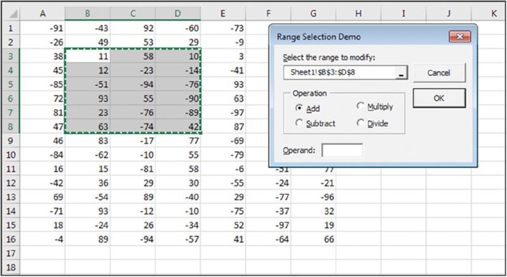 Screenshot shows data's entered on an excel sheet with a Range Selection Demo box selecting the range to modify, Add under Operation category and chooses OK button.