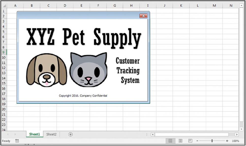 Screenshot shows a splash screen displayed over an excel sheet. Screen shows faces of a dog and a cat with tags XYZ Pet Supply and Customer Tracking System.