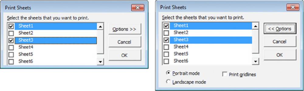 Left screenshot shows Print Sheets dialog box selecting Sheet1 and Sheet3. Right screenshot shows Print Sheets dialog box selecting Sheet1, Sheet3 and Portrait mode.