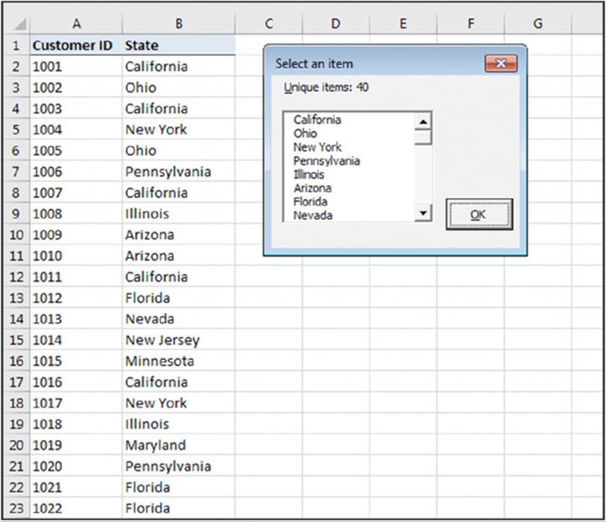 Screenshot shows customer ID and corresponding states listed in an excel sheet in columns A and B. A dialog box is displayed over the sheet listing 40 unique items with an OK button.