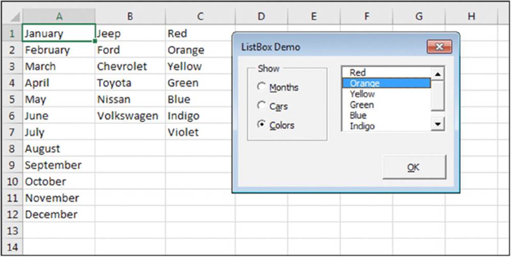 Screenshot shows months, vehicle names and colors listed on the excel sheet based on ListBox demo box which selects colors as orange. An OK button is indicated at the bottom of the box. 