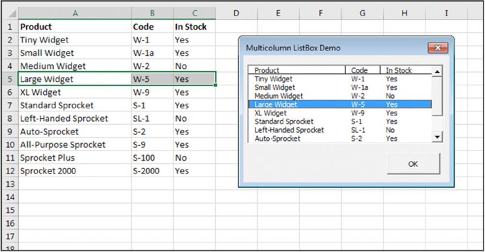 Screenshot shows Products, Codes and In stock listed on the excel sheet based on Multicolumn ListBox demo box which selects Large Widget. An OK button is indicated at the bottom of the box. 