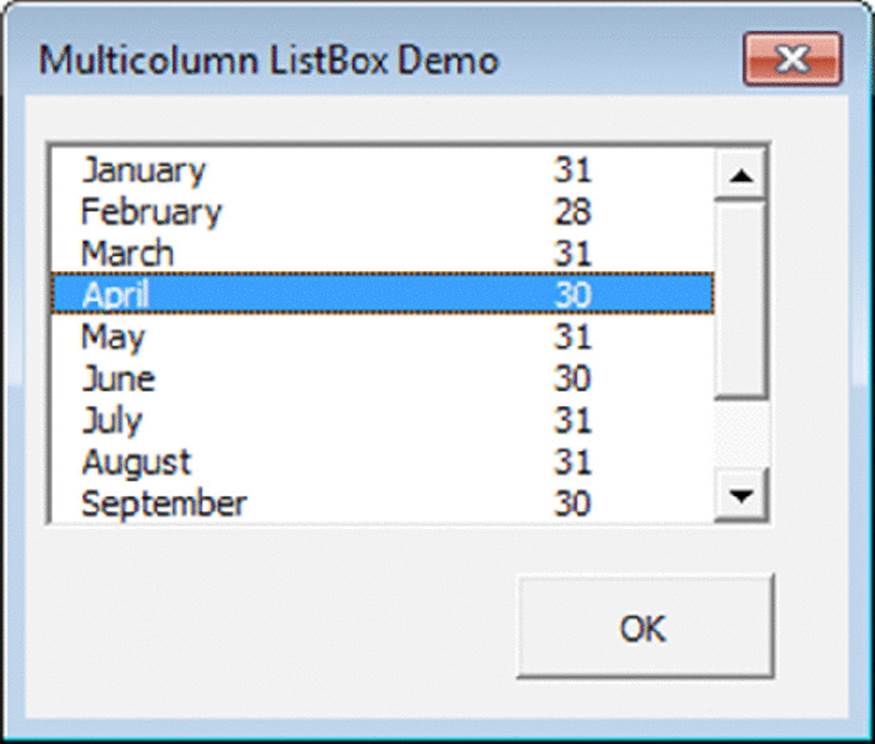 Screenshot shows Multicolumn ListBox demo box which selects 30 April. An Ok button is indicated at the bottom of the box. 