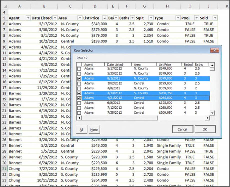 Screenshot shows Agent, Date Listed, Area, List price, Bedrooms, Baths, SqFt, Type, Pool and Sold listed on an excel sheet based on the Row Selector dialog box. Cancel and Ok buttons are represented at the bottom of the box.