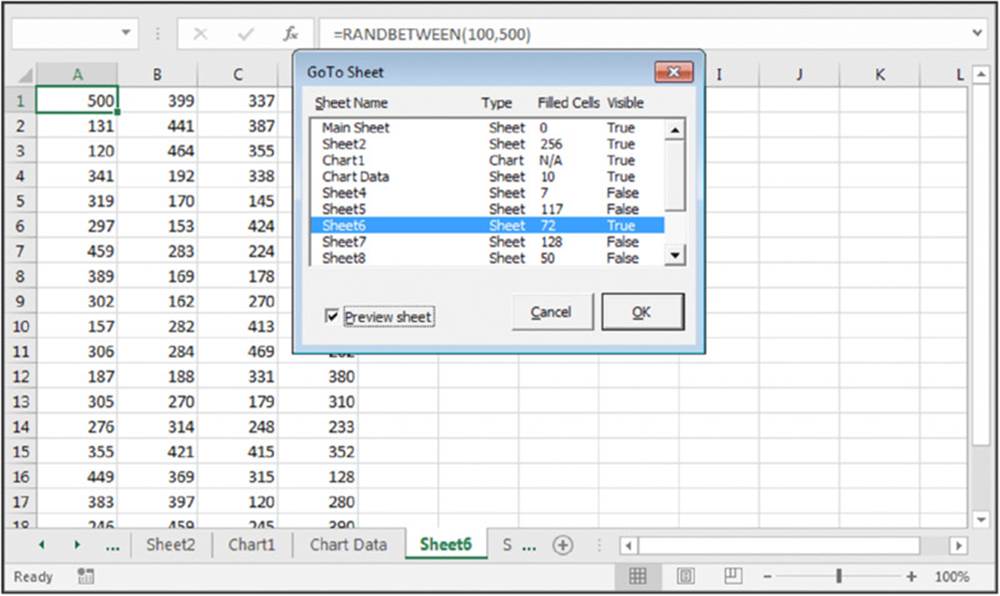 Screenshot shows values listed on 4 columns of sheet6 in an excel sheet based on Go To Sheet dialog box which selects sheet6, preview sheet and Ok button.