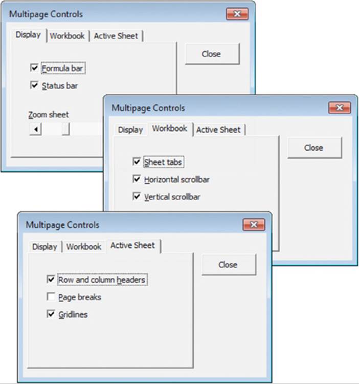 Three screenshots show Multipage Controls window for Display, Workbook and Active sheet menu's. Display selects formula and status bars, Workbook select sheet tabs, horizontal and vertical scrollbars and Active sheet selects row and column headers and gridlines.