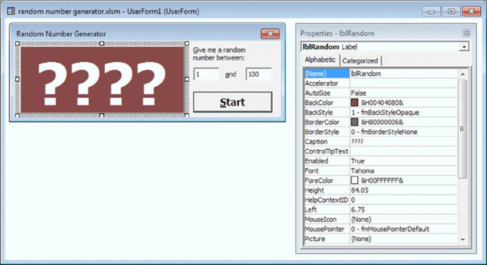 Screenshot shows Random Number Generator window selecting numbers between 1 and 100 and Properties-IbIRandom with selected name window is displayed on the UserForm1 main window.