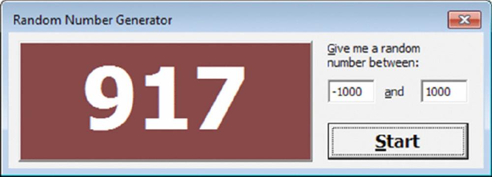 Screenshot shows Random Number Generator window selecting numbers between minus 1000 and 1000 and displays the number 917. 